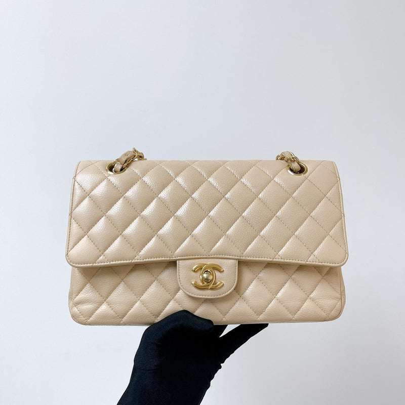 Double Flap Medium Caviar Beige GHW