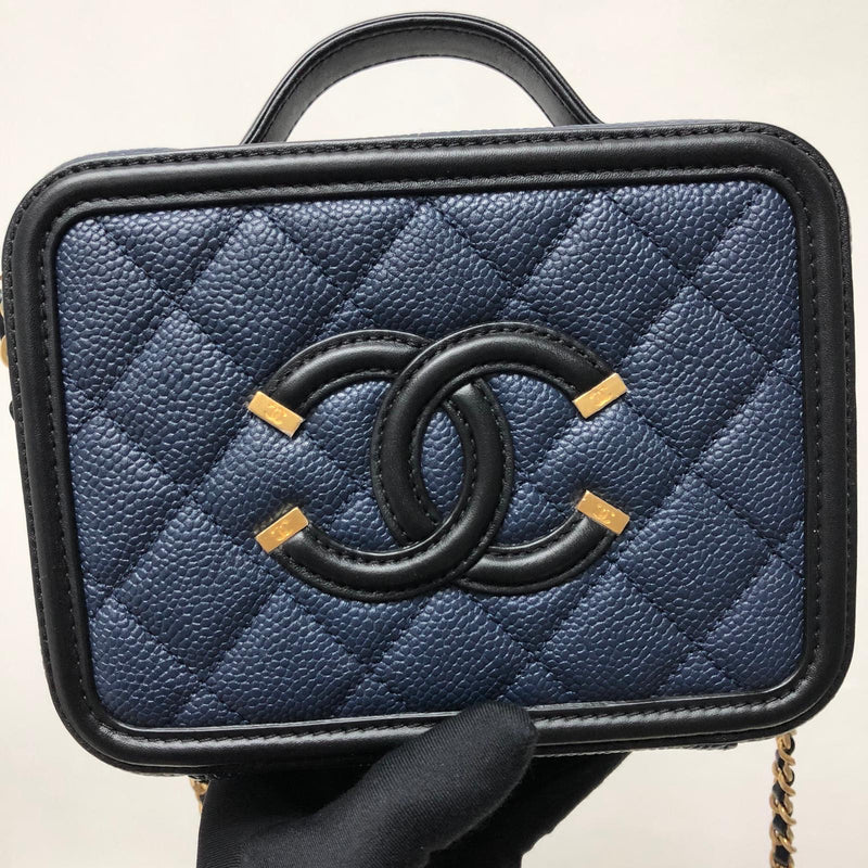 Small Caviar Quilted Filigree Vanity Case Blue/Black