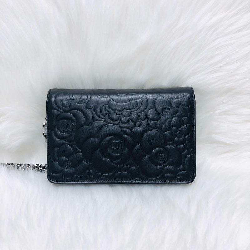 Camellia Embossed WOC Clutch Bag in Black Lambskin with SHW | Bag Religion