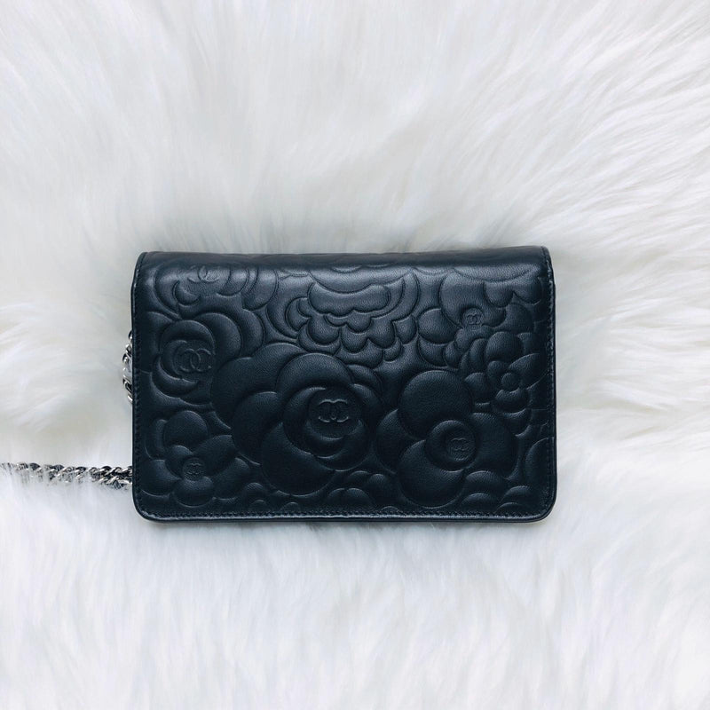 Camellia Embossed WOC Clutch Bag in Black Lambskin with SHW