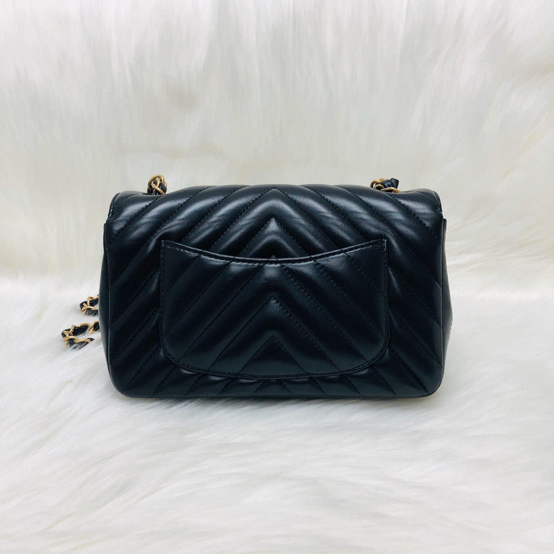 Mini Rectangular Chevron in Black Lambskin Leather with  GHW