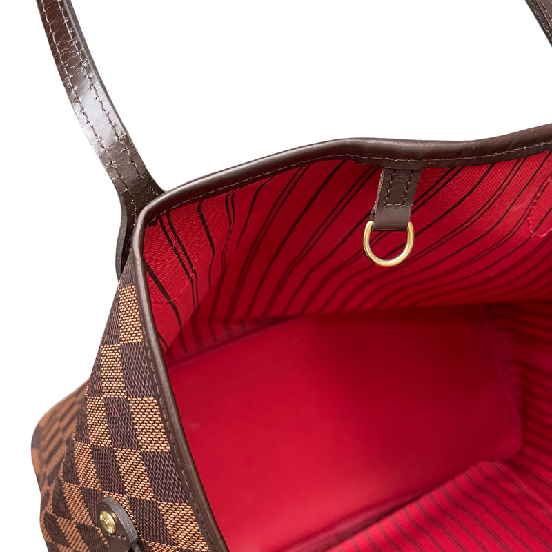 Authentic Louis Vuitton Damier Ebene Canvas Neverfull mm with Red Interior Tote Shoulder Bag