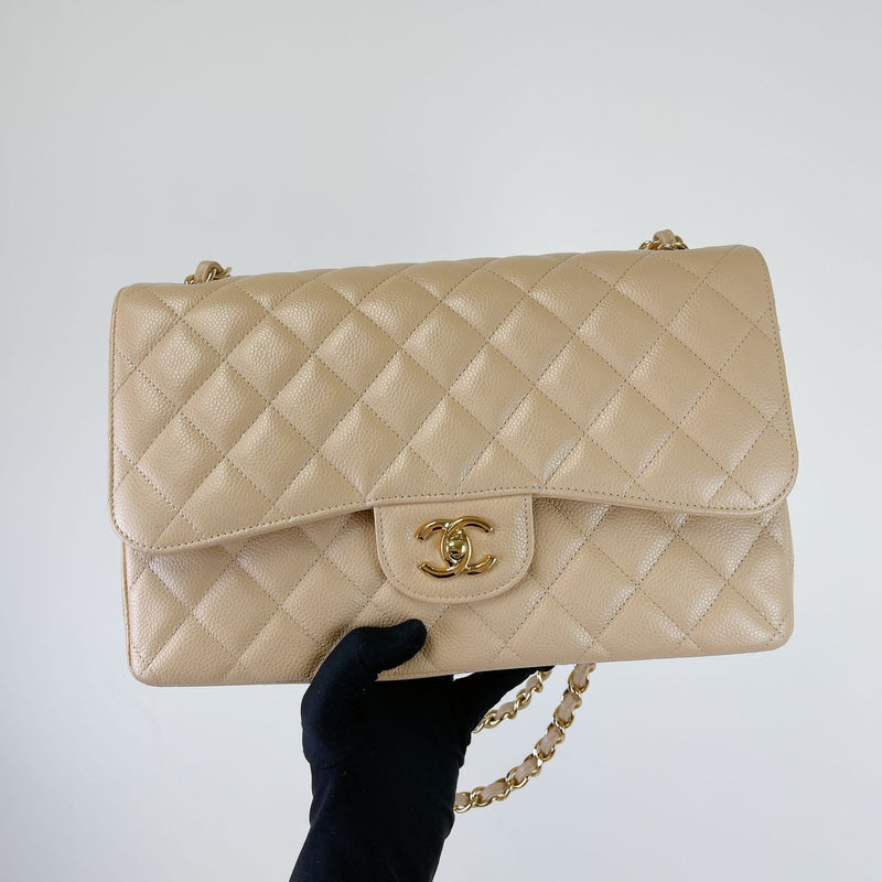 Double Flap Jumbo Caviar Beige GHW
