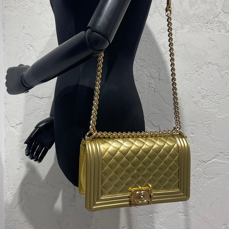 Old Medium Boy Bag in Patent Gold with GHW