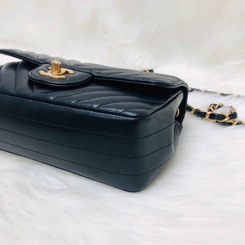 Mini Rectangular Chevron in Black Lambskin Leather with  GHW