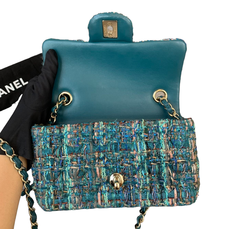 Chanel Tweed Quilted Mini Rectangular Flap Blue White