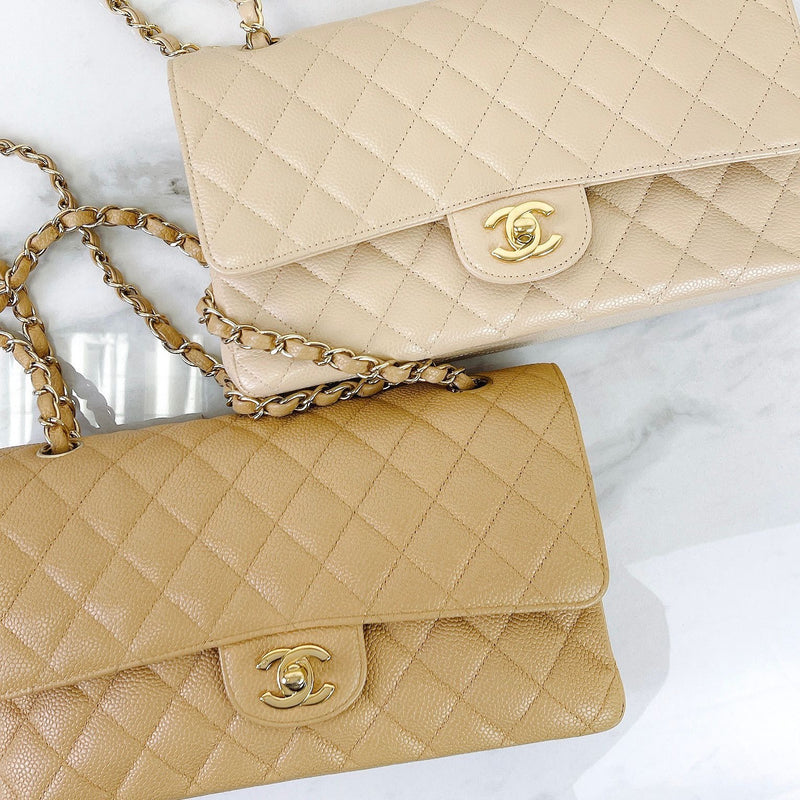 Chanel Medium Classic Flap Beige Caviar Leather Bag Gold Hardware