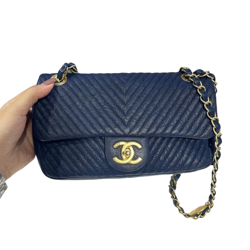 Chevron Flap Mini Lambskin Dark Blue GHW