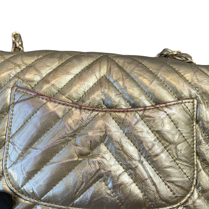 Mini Rectangle Chevron Metallic Crumpled Calfskin Gold GHW