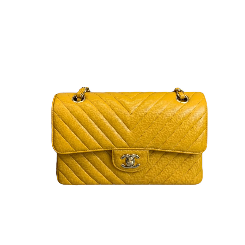 Small Classic Chevron Flap Caviar Yellow SHW