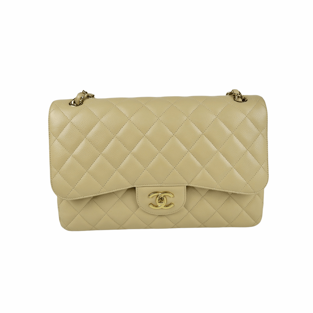 Double Flap Jumbo in Beige Caviar Leather GHW