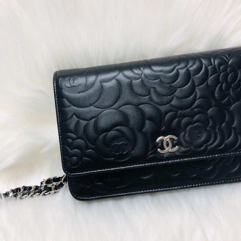 CHANEL Lambskin Camellia Embossed Wallet On Chain WOC Pink 708403