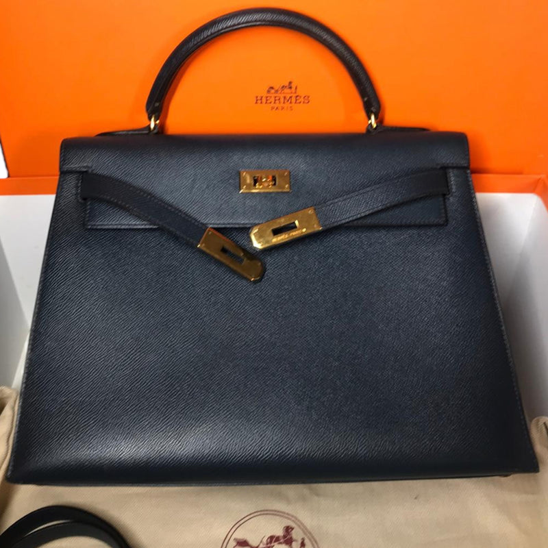 Hermes Kelly 32 Epsom Blue Indigo GHW Stamp X