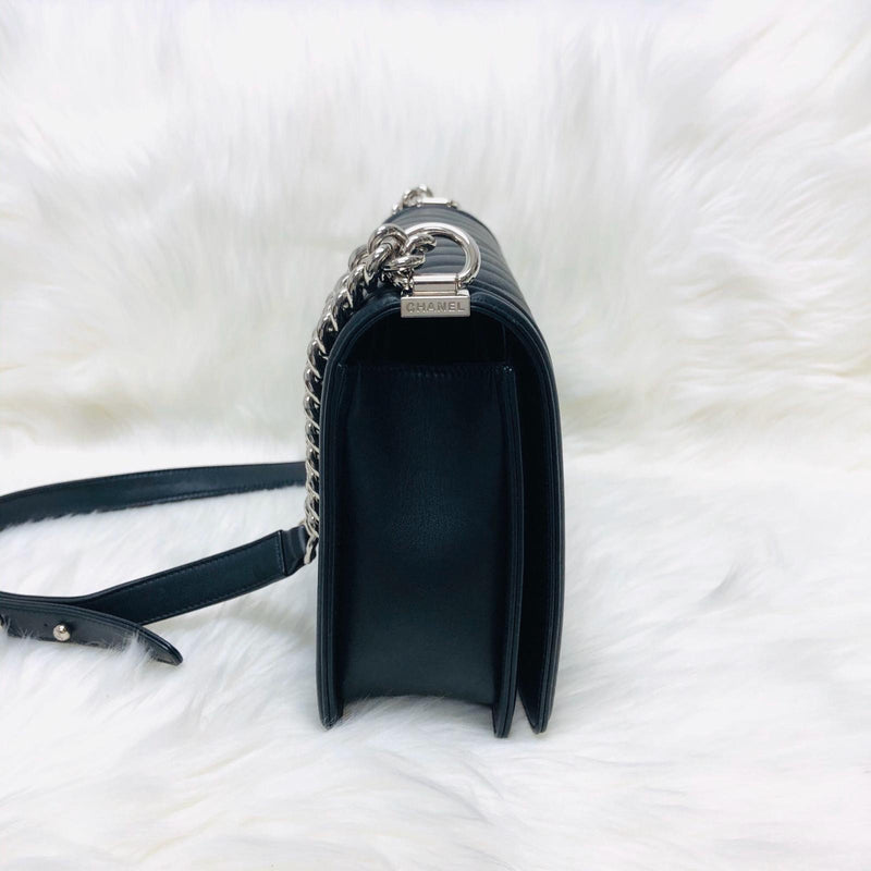 Le Boy Chevron Calfskin Flap Bag with Shiny Silver Hardware New Medium