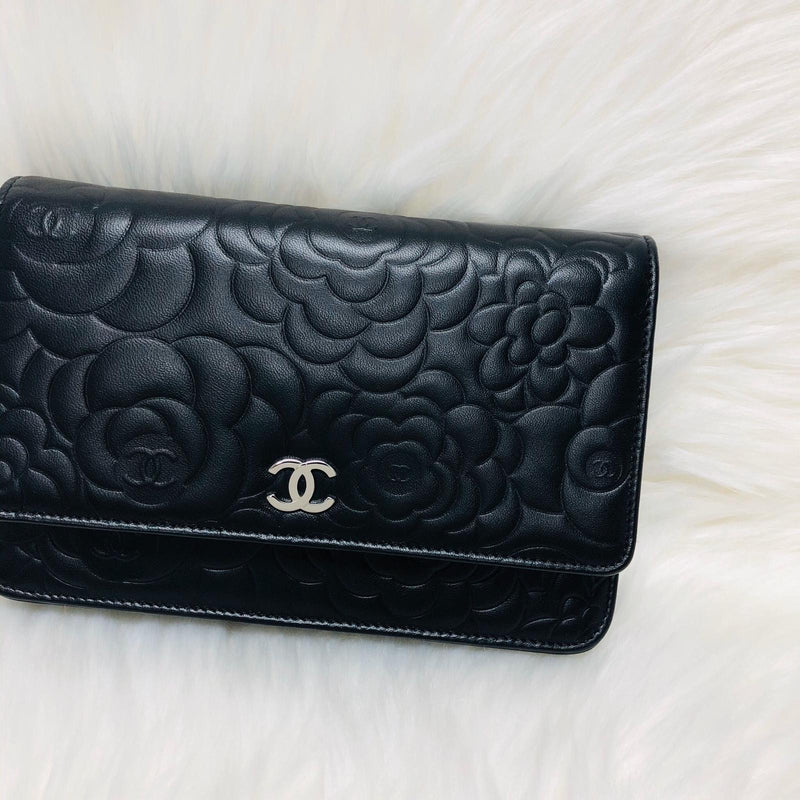 CHANEL Caviar Camellia Embossed Wallet On Chain WOC Pink 1237713