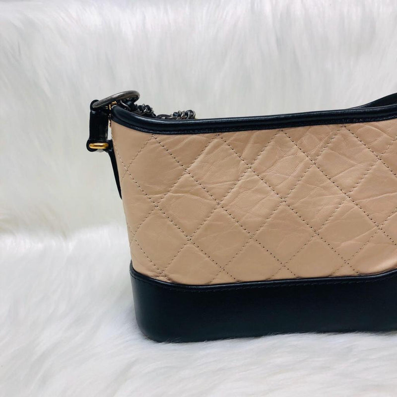 Chanel Gabrielle Hobo Bag Quilted Aged Calfskin Beige/Black in