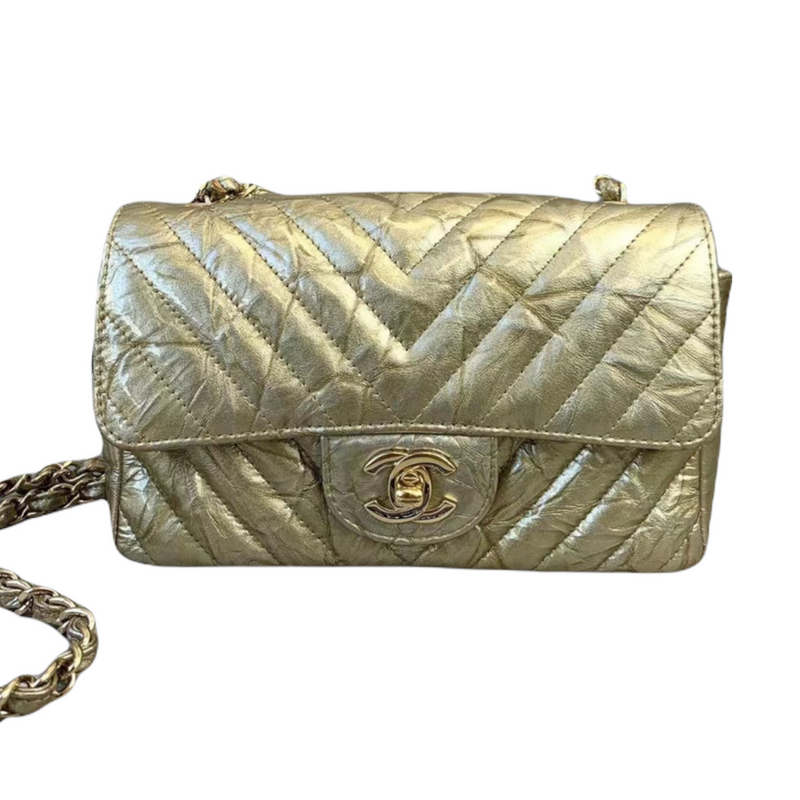 Mini Rectangle Chevron Metallic Crumpled Calfskin Gold GHW