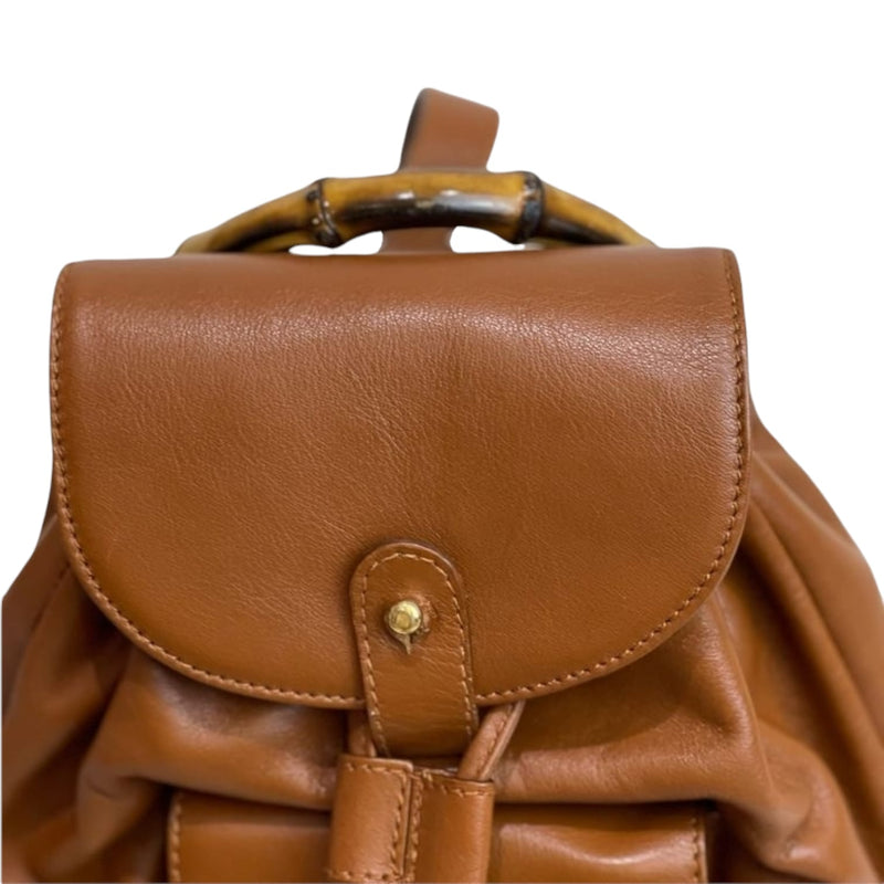 Bamboo Drawstring Leather Backpack Brown