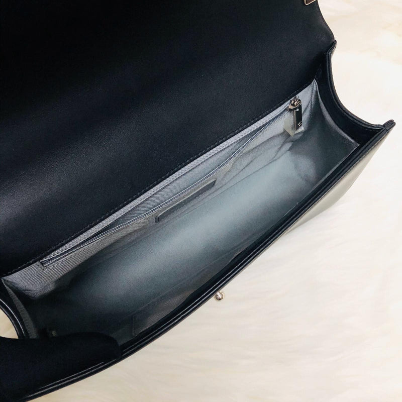 Le Boy Chevron Calfskin Flap Bag with Shiny Silver Hardware New