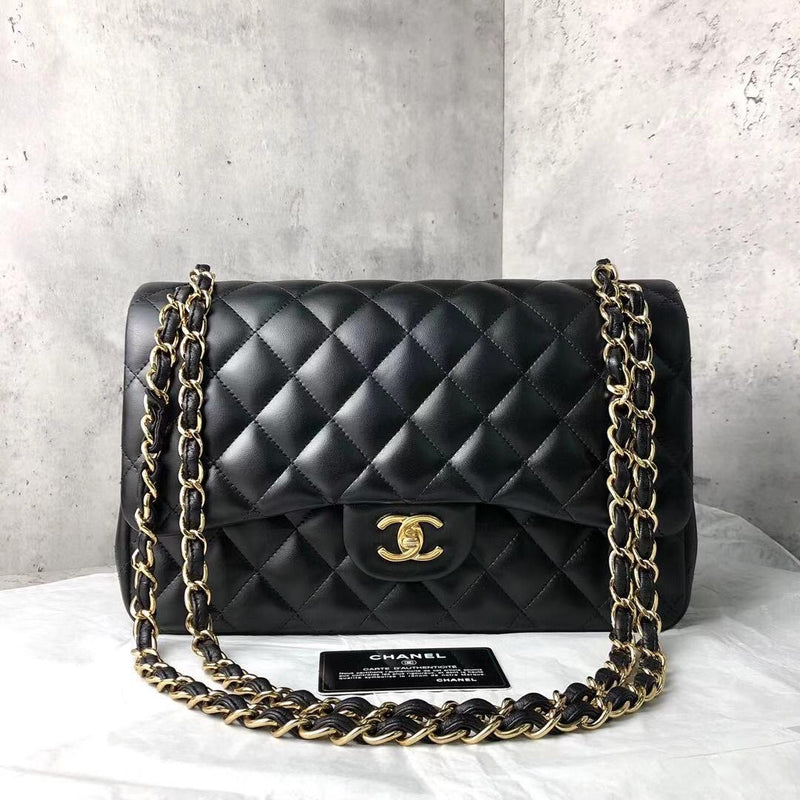 Jumbo Double Flap in Black Lambskin with GHW