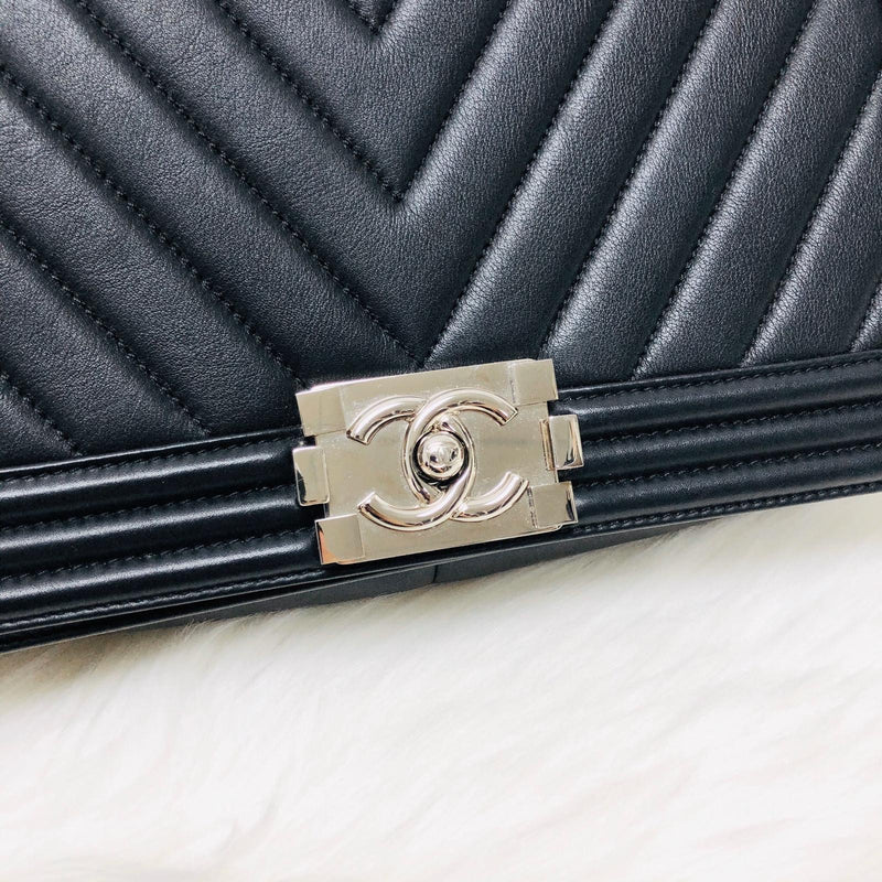 Le Boy Chevron Calfskin Flap Bag with Shiny Silver Hardware New Medium