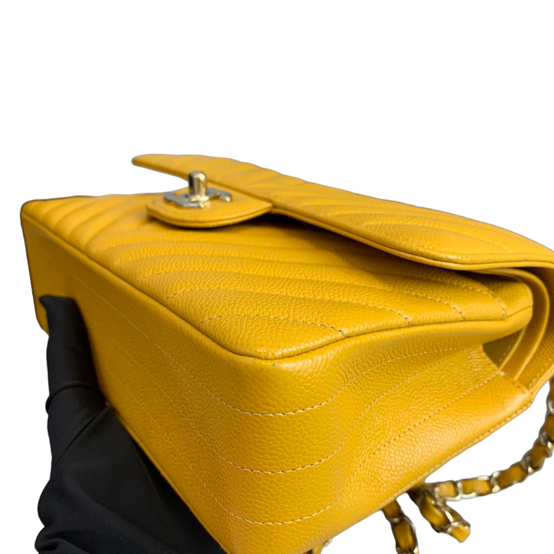 Small Classic Chevron Flap Caviar Yellow SHW