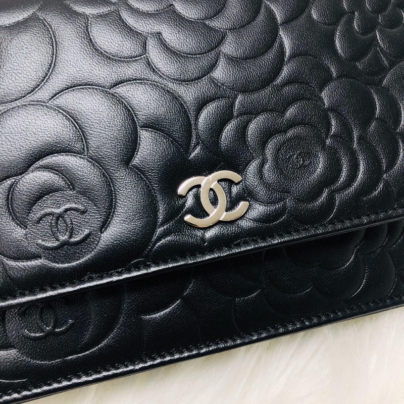 Camellia Embossed WOC Clutch Bag in Black Lambskin with SHW