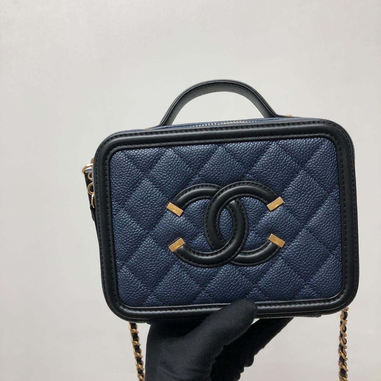 Chanel Small Caviar Quilted Filigree Vanity Case Blue/Black – Bag