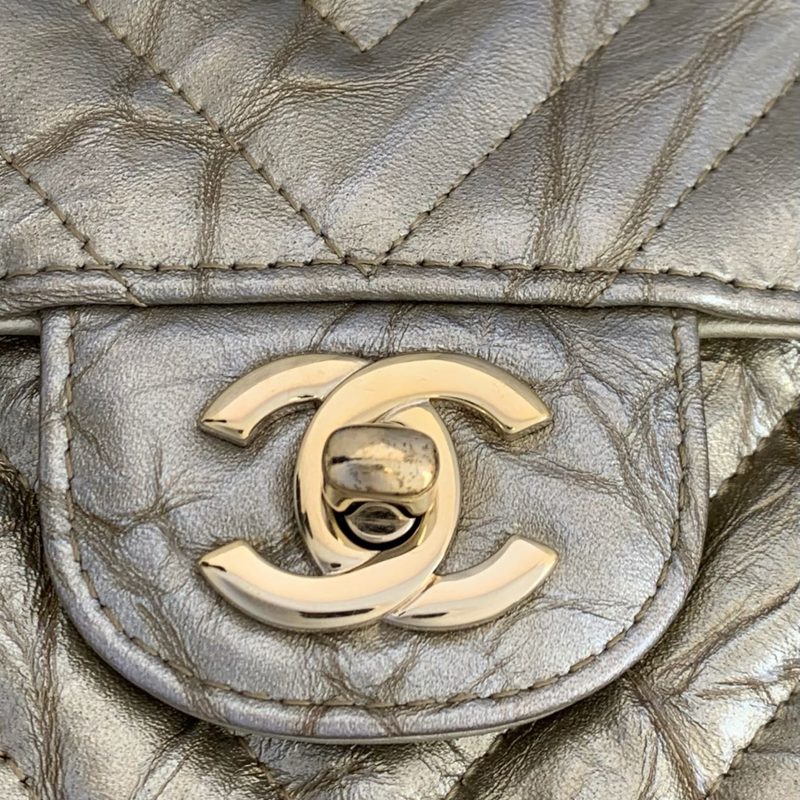 Chanel Classic Double Flap Bag Chevron Crumpled Metallic Patent Small