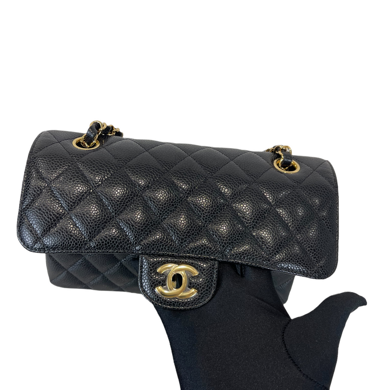 Small Classic Double Flap Caviar Black GHW