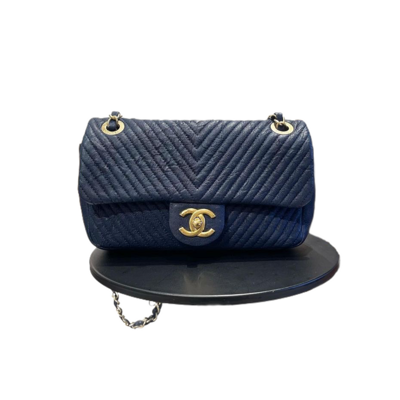 Chevron Flap Mini Lambskin Dark Blue GHW