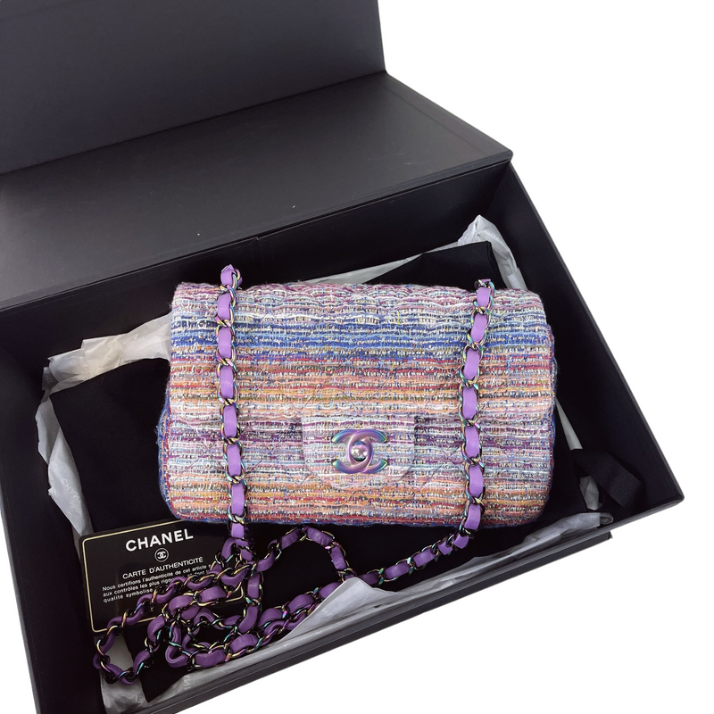 Mini Rectangle Flap Tweed Purple Rainbow Hardware