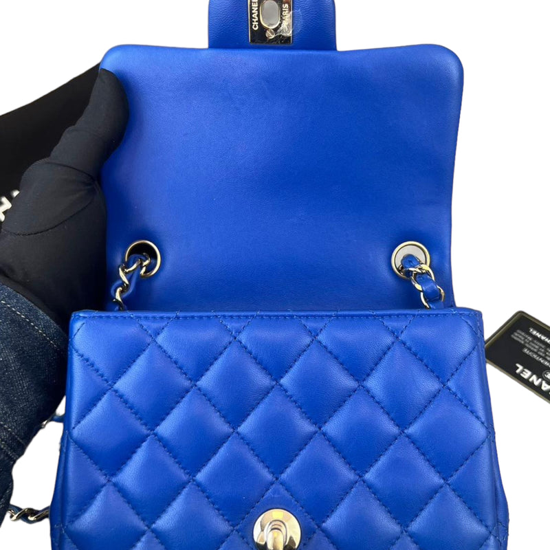 AUTHENTIC CHANEL Blue Mini Square 7 Classic Flap Bag 24k Gold