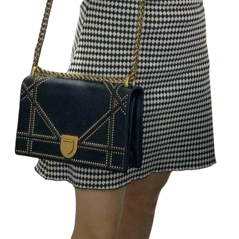 Studded Diorama Bag Medium Leather Black GHW