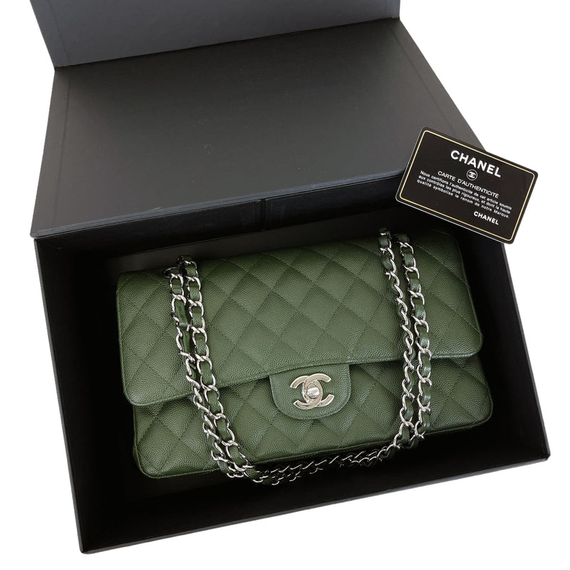 Medium Classic Double Flap Caviar Green SHW