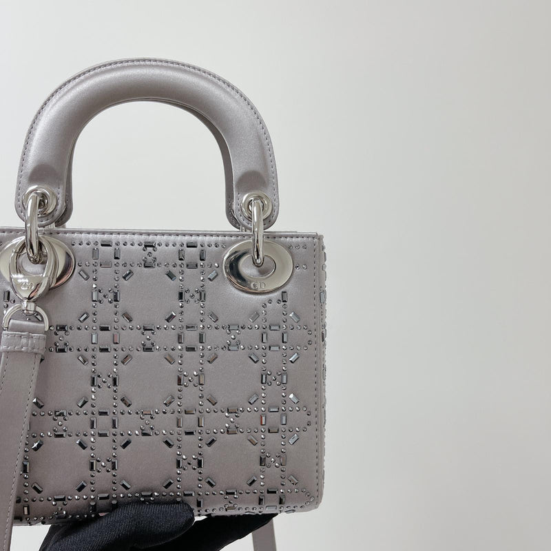 Embellished Cannage Satin Mini Lady Dior Grey