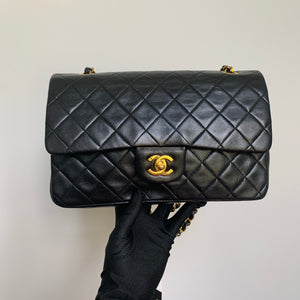 Vintage Lambskin Double Flap M/L with GHW In black