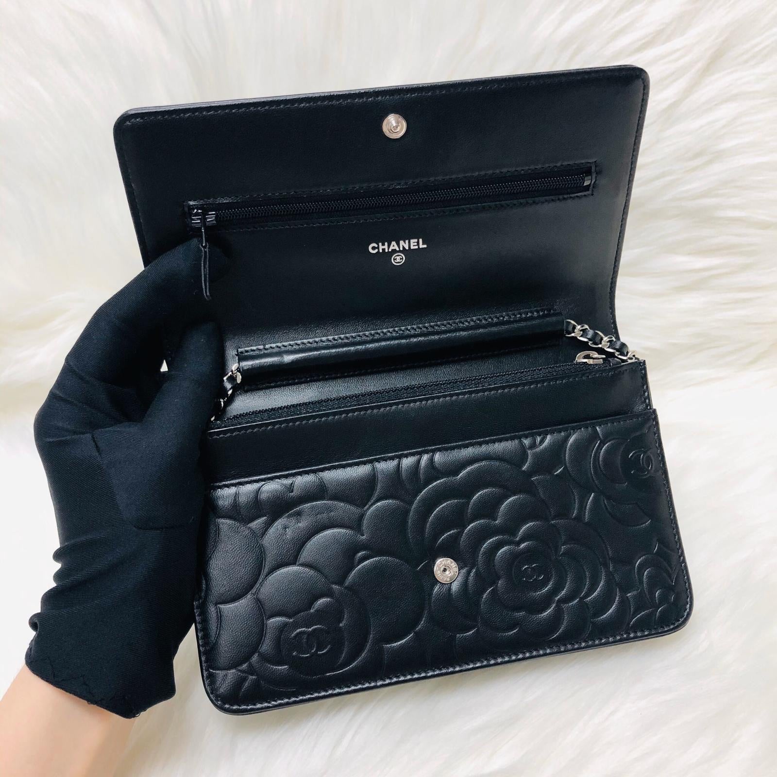 CHANEL Camellia Embossed WOC Clutch Bag in Black Lambskin with SHW