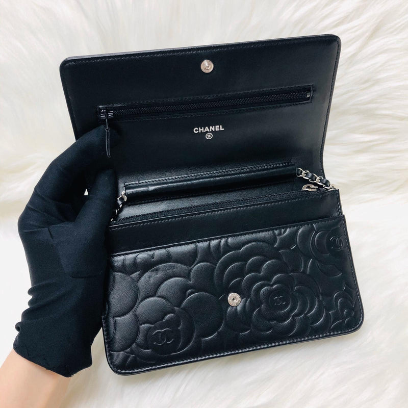Camellia Embossed WOC Clutch Bag in Black Lambskin with SHW | Bag Religion