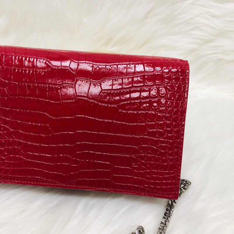 Classic Monogram Kate Tassel WOC in Red Crocodile Embossed Leather