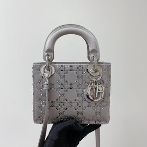 Embellished Cannage Satin Mini Lady Dior Grey