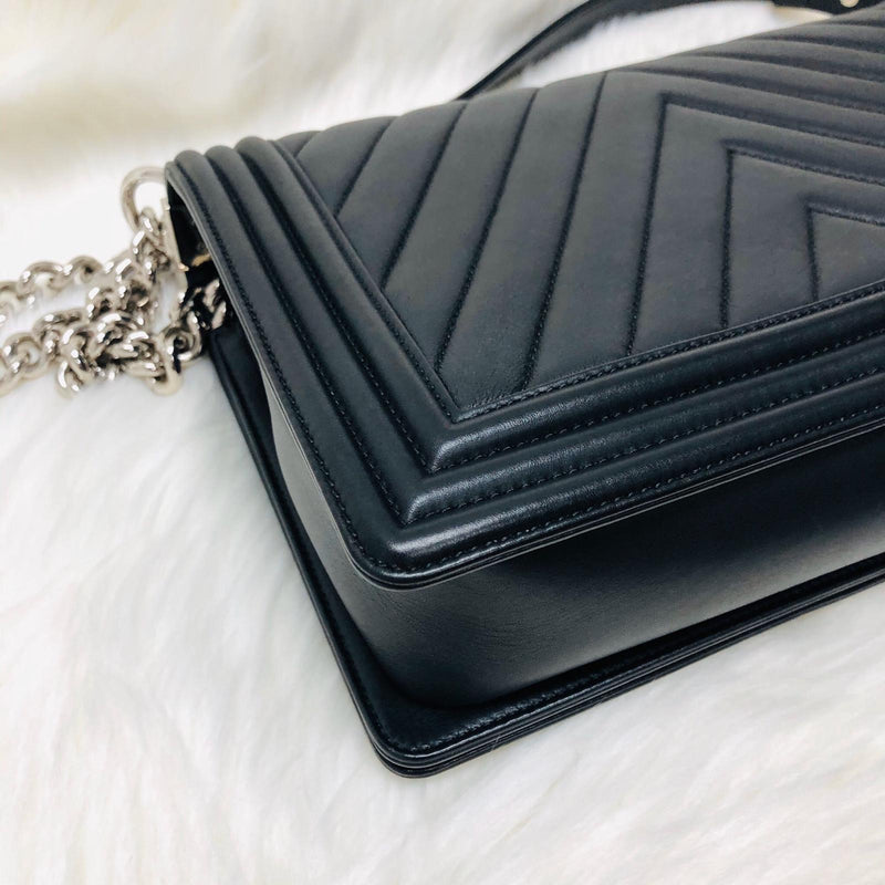 Le Boy Chevron Calfskin Flap Bag with Shiny Silver Hardware New Medium