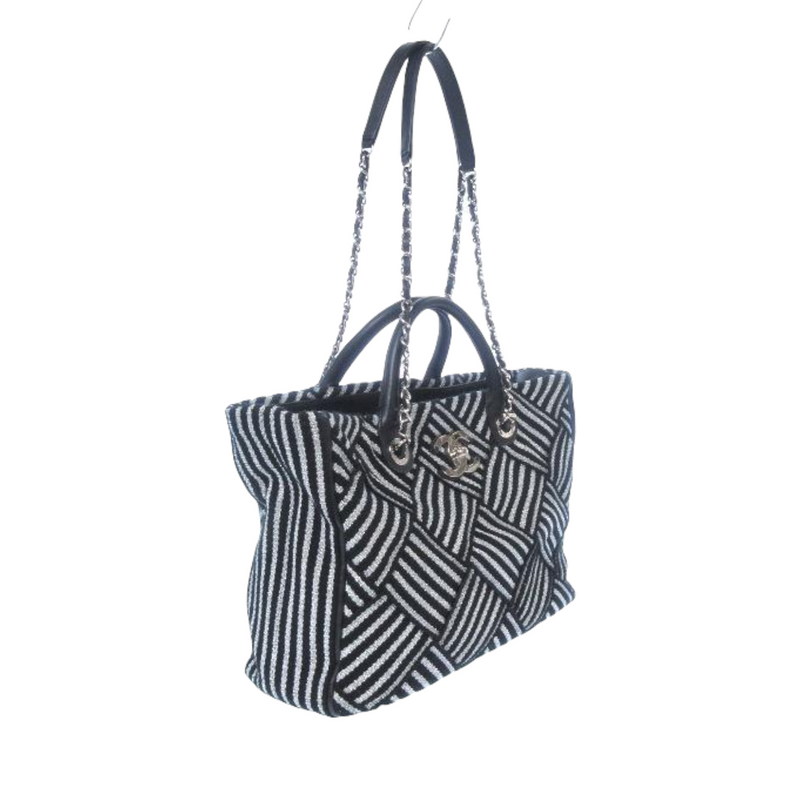 Woven Canvas Shopping Tote Black & Silver