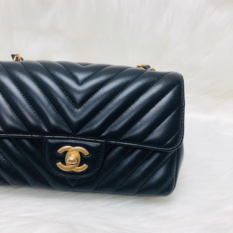Mini Rectangular Chevron in Black Lambskin Leather with  GHW