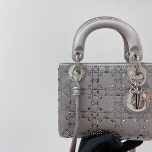 Embellished Cannage Satin Mini Lady Dior Grey