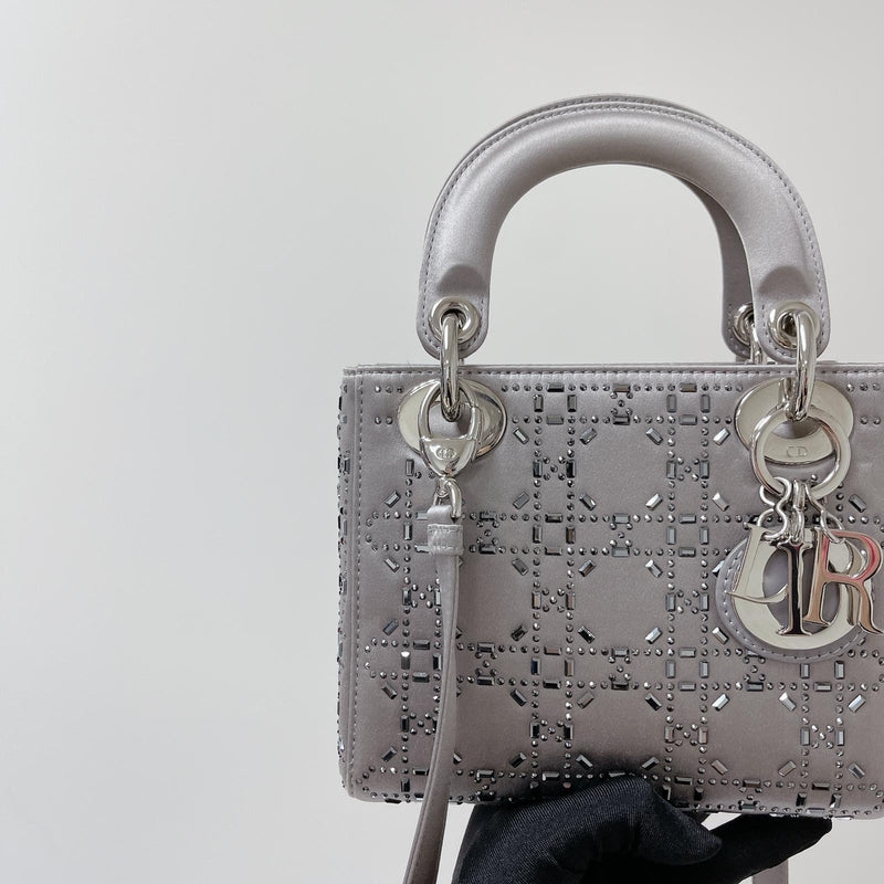 Embellished Cannage Satin Mini Lady Dior Grey | Bag Religion