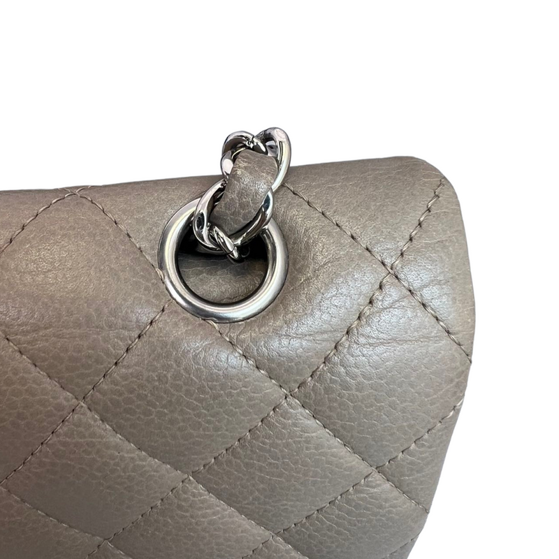 Chanel 14B CC Clutch with Chain Grey Metallic Quilted Leather Medium Flap  Bag