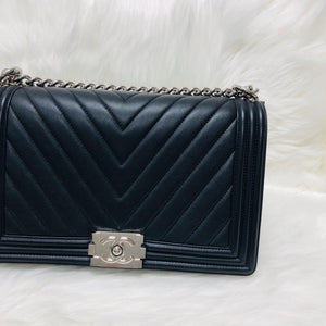 Le Boy Chevron Calfskin Flap Bag with Shiny Silver Hardware New Medium