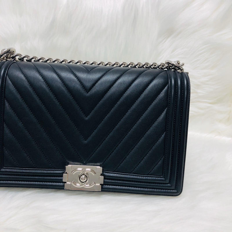 Le Boy Chevron Calfskin Flap Bag with Shiny Silver Hardware New Medium