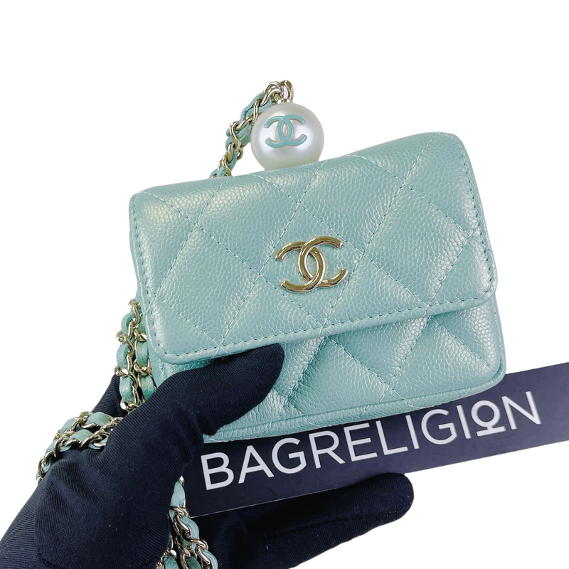 CHANEL Calfskin Quilted About Pearls Card Holder Flap With Chain